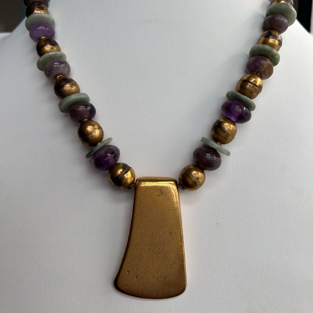 Amethyst And Green Jade Disc Pendant Necklace